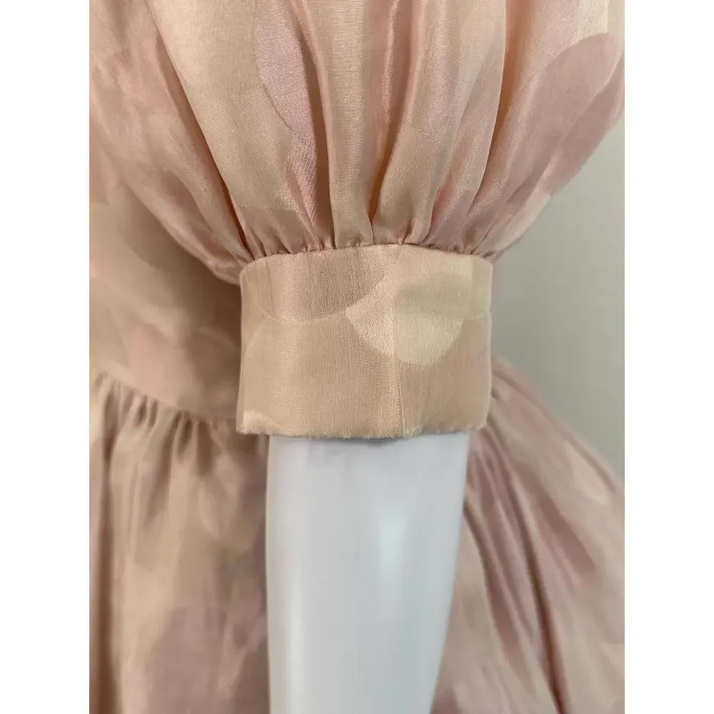Vtg 1950s Michael Novarese Pink Satin Party Dress Puff Sleeves Couture Designer